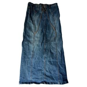 Forever 21 Womens Denim Maxi Skirt Lace Up Front Long Jean Skirt Slit 32W USA